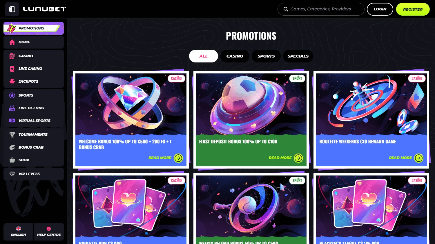 Lunubet Casino desktop promotions interface with bonus offers
