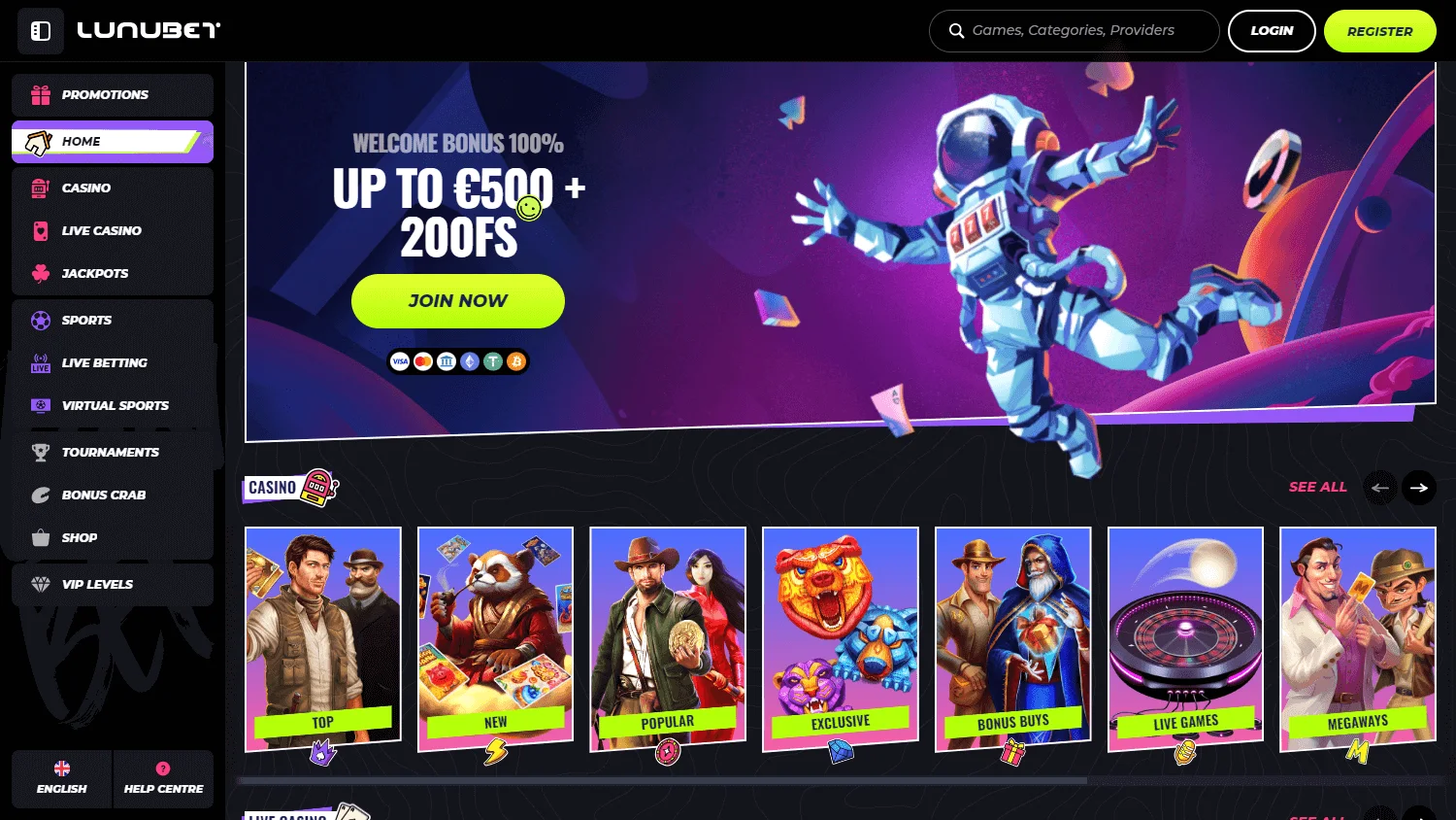 Lunubet Casino desktop home interface with casino and betting access