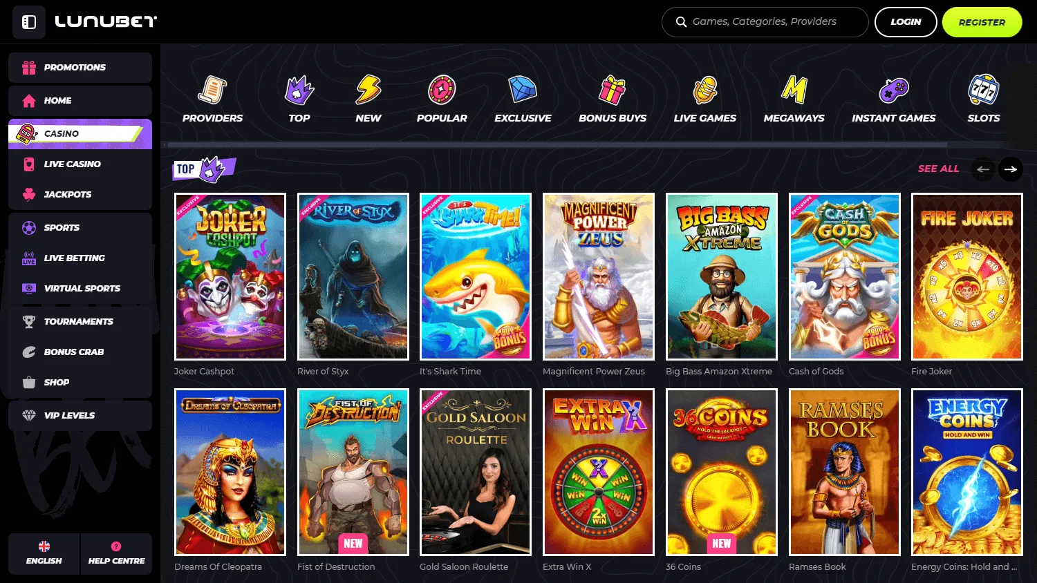 Lunubet Casino desktop games interface with casino categories and live tables