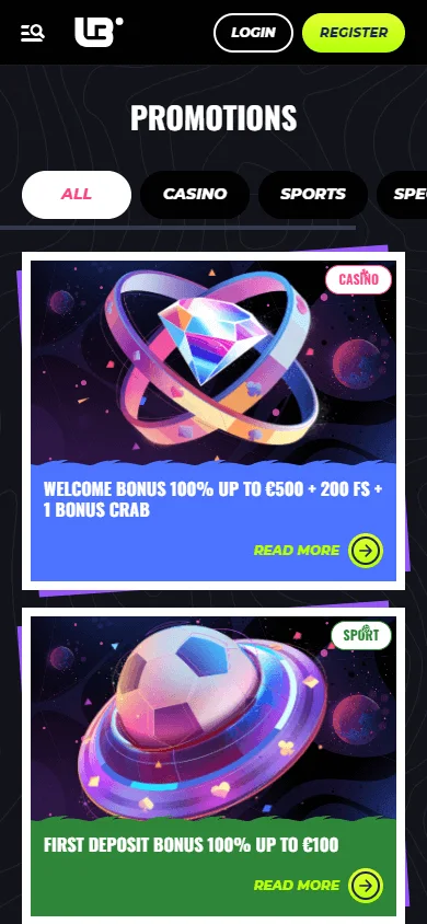 Lunubet Casino mobile browser promotions interface with bonus offers